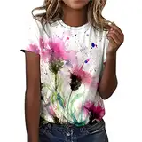 Tshirt Damen, Sommer T-Shirt Oberteile T-Shirts Für Damen T Baumwoll Women Basic Sport Top Kurzarm Elegant Oversize Shirt Rosa M