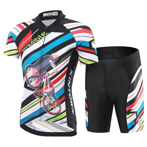 SXSHUN Jungen Radtrikot Set Kinder Mädchen Fahrrad Anzug Unisex Kurzarm Trikot+Radhose mit 3D Sitzpolster Atmungsaktiv Radsport Bekleidung, Schwarz+Fahrrad, 152-158