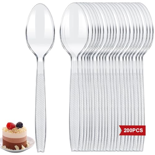 Plastikbesteck, 200 Stück Plastiklöffel, Party Besteck Wiederverwendbar Kunststoff Dessertlöffel für Familie Partys Geburtstagsfeiern Hochzeiten Transparent