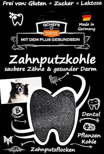 Qchefs ZahnputzKOHLE für Hunde Pulver für Zahnpflege und Darmgesundheit zugleich bei Erbrechen, Blähungen und Durchfall