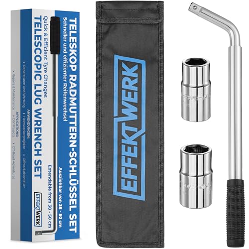 EffektWerk Teleskop-Radmutternschlüssel – Universal-Radmutternschlüssel mit 1/2-Zoll-Antrieb und 2 Stecknüssen (17/19 mm und 21/23 mm) – 38 – 50 cm ausziehbarer Reifenschlüssel