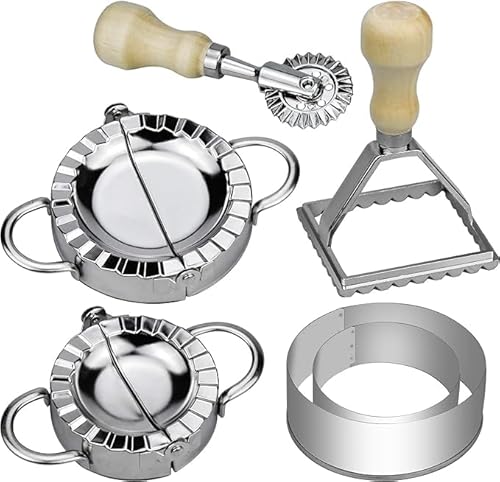 6 Stk Ravioli Dumpling Maker Former Cutter Set Edelstahl Raviolirad Ravioli Ausstecher Rund Teigtaschenformer Knödelmaschine Mit Holzgriff für Dumpling Ravioli machen
