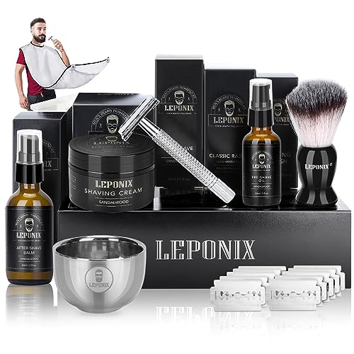 Nassrasierer Herren, Bartpflege Set für Männer inkl Safety Razor, Rasierpinsel,Rasiercreme After Shave Balsam, Pre Shave, Rasierschale,Rasierschürze, Geschenke für Männer