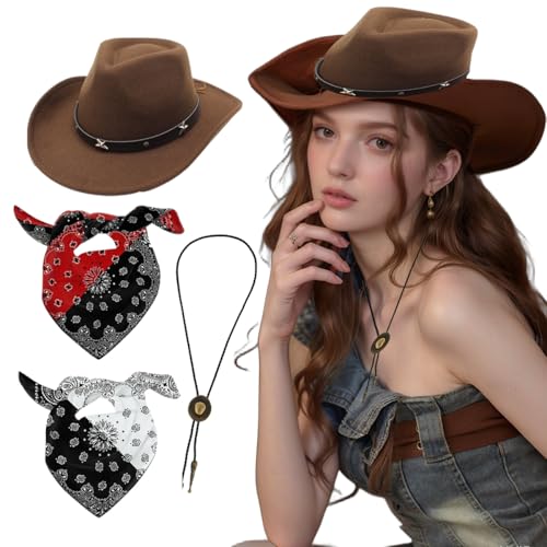 4 Stück Western Cowboyhut mit Bandana und Western-Cowboy-Anhänger, Kopfbedeckung für Faschingskostüme, Western Cowgirl Hüte für Verkleidung, Kostüm, Karneval, Mottoparty Cosplay Party Dress Up (Brown)
