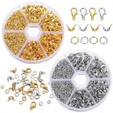 Kettenverschluss, 1140 Stück Armband Verschluss Set, 2 Farben Ketten Verschlüsse, Gold Silber Karabinerverschluss und Biegeringe und Crimpenden, für Halsketten Armband, Fußkette, Schmuck Basteln DIY