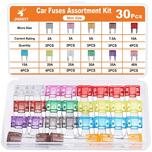 JOREST 30Pcs Mini Kfz Sicherung Set, Flachsicherungen Auto - Automotive Sicherungen für PKW/Wohnmobil/LKW/Motorrad (2 Ampere 3A 5A 7.5A 10A 15A 20A 25A 30A 35A 40A)