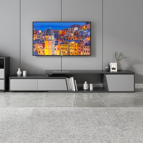 homary Ausziehbarer TV-Ständer mit 3 Schubladen, minimalistisches, rechteckiges Entertainment-Center, Nussbaum-TV-Konsolentisch bis zu 279,4 cm (ausziehbar: 180,9 cm B x 290,2 cm) (grau)
