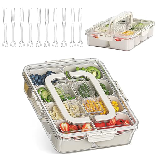 Snackbox mit Fächern,Snackteller Großem Fassungsvermögen mit 8 Abnehmbarem Gitter für Snacks Obst Nüsse,Servierplatte mit Deckel Wiederverwendbar mit Tragbar Henkel für Picknicks und Familientreffen