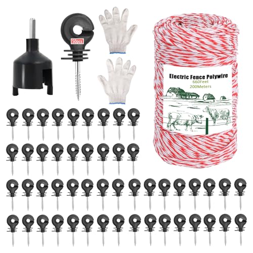 Weidezaunlitze 200M und 50 Pcs Weidezaunisolatoren Upgraded,6 Stahl Litzen Elektrozaun Draht mit 1 Pcs Isolator Socket Tool,Portable Elektrozaun Poly Draht Seil Linie