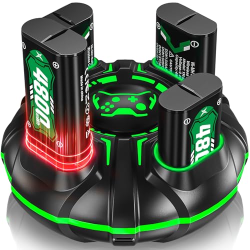 Wiederaufladbarer Xbox One Akku und Ladestation für Xbox Series X/Xbox Series S/Xbox One S/X/Elite Controller, 4 * 2000mAh Wiederaufladbarer Akku mit 4 Steckplätzen Ladestation und C-Typ-Kabel