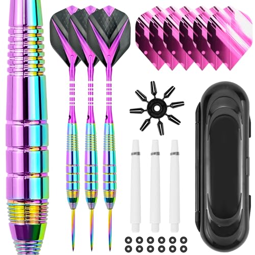 Dartpfeile mit Metallspitze 24 Gramm(Der ganze Pfeil), Profi Steeldarts mit Metallspitze Steeldarts Set mit 6 Flights 3 Aluminium Schaft 12 Anti-Lose Gummiringe, und 1 Dart Case (Purple)