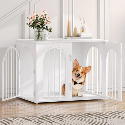 Hzuaneri Hundekäfig Möbel, 80cm Hundebox für Zuhause, 3 Türen, Bogentür, Moderne Hundebox Indoor für Hunde, Beistelltisch, Hundekäfig Hochbelastbar, 56 x 80 x 61 cm, Weiß DFC85113W