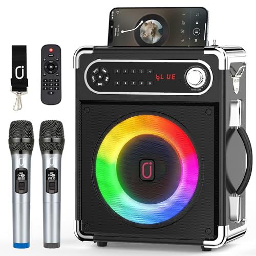 JYX Karaoke-Maschine mit 2 UHF-Funkmikrofonen, Tragbarer Bluetooth-Lautsprecher mit Bass-/Höhen-Einstellung, Fernbedienung und LED-Lichtern, unterstützt TF-Karte/USB, AUX IN, FM, REC für Party-Schwarz