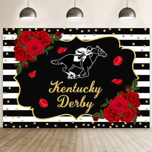MEHOFOND Kentucky Derby Hintergrund Rose Kentucky Derby Fotografie Hintergrund Schwarz Weiß Pferd Rennen Party Supplies Gold Konfetti Rosen Pferd Reitstrecke Dekor Kuchen Smash Foto Requisiten