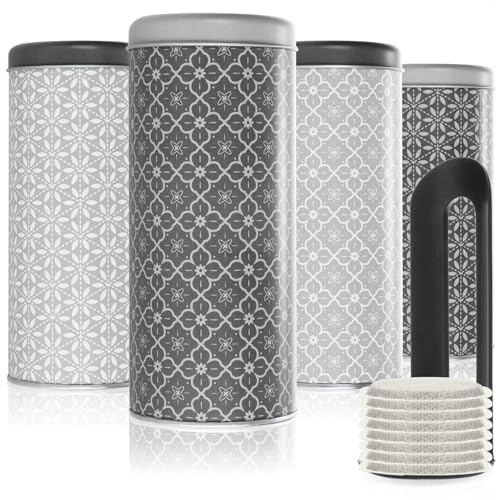 com-four® 4x Kaffeepaddose und 1x Padheber - Metalldose für Kaffeepads - Aufbewahrungsbehälter mit Deckel für Kaffee, Tee, Kekse - Blech-Dekodose im modernen Vintage-Design (4 Stück - Set 4)