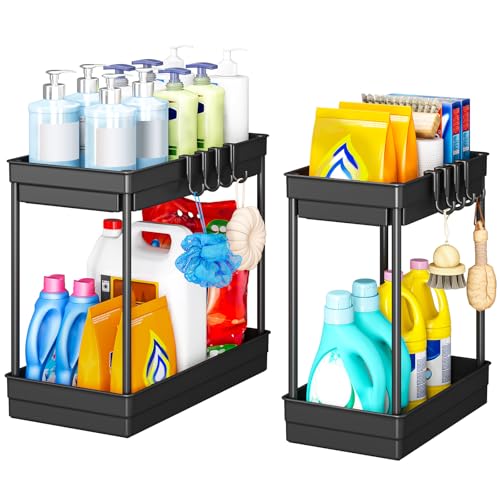 StowBin Küchen Organizer - 2 Pack Unter Waschbecken Regal mit 4 Haken &1 Tassen, Organizer Küche, Badezimmer Organizer