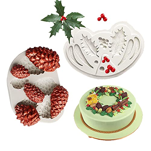 Cestony Silikonformen für Weihnachten, Stechpalmenblatt und Tannenzapfen, für selbstgemachte Kuchen, Fondant, Kekse, Zucker, Pudding, Schokolade, harte Süßigkeiten, Dessert-Dekor