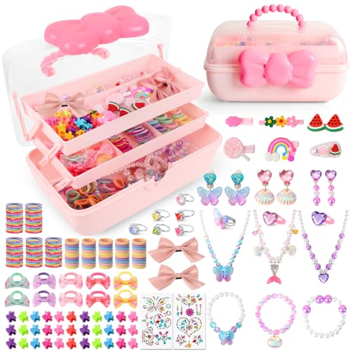Schmuck Kinder Spielzeug, Haarschmuck Geschenk Mädchen 3 4 5 6 7 8 9 10 Jahre, 218 Stück Schmuckset mit Halsketten, Ringe und Haarspangen, Weihnachts Geburtstag Geschenke Kinder