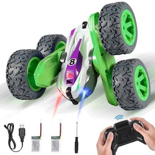 Kiztoys® Ferngesteuertes Auto, 90 Min Spielzeit, 2.4Ghz Doppelseitig 360° Drehbare RC Stunt Crawler mit Scheinwerfern, 4WD Off Road Drift RC Auto Spielzeug Geschenke für Jungen 6-12 Grün