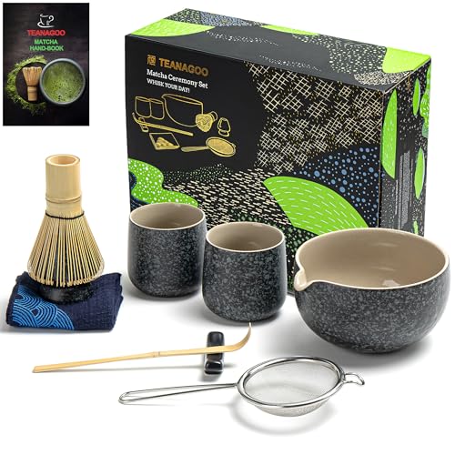 TEANAGOO Keramik, Matcha Set Schneebesen Schale mit Ausgießer Schöpfkelle Schneebesen Halter Teezubereitungsset. 1 Japanische Tee-Set (7pcs) + 2Cups(7.2oz),S1,Charcoal Grey, schwarz/Grau