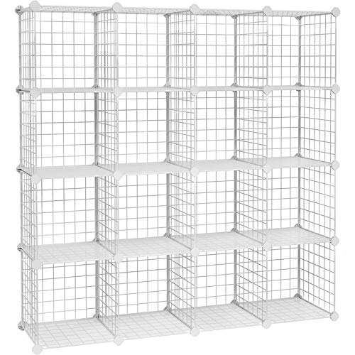 SONGMICS Steckregal, 16 Würfel Aufbewahrungssystem aus Metalldraht, DIY, modulares Gitterregal, mit Drahtrahmen, weiß LPI44W