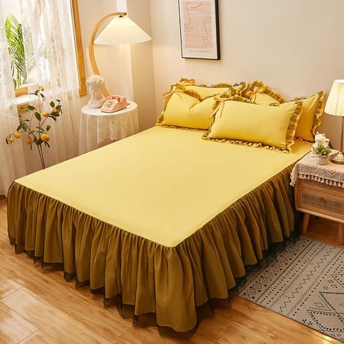 XCLOOZGL Prinzessin Stil Schleife Dreigliedrig Bettrock Mädchen Bettlaken Prinzessin Bettkleid Weiche Schleifbettdecke Doppelkönigin King Size Für Die Dekoration Schlafzimmern,Gelb,Pillowcase*2