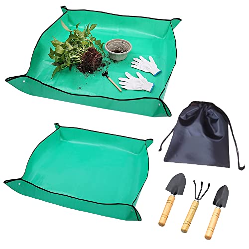 GIGIIS Umtopfmatte 2 Stücke Umtopf Unterlage 100x100cm 50x50cm Umpflanzmatte Umtopf Set 3 Stück Mini Gartenwerkzeug Gartenkralle Klein Gärtner Set für Umtopf Sukkulenten Sämling Grün