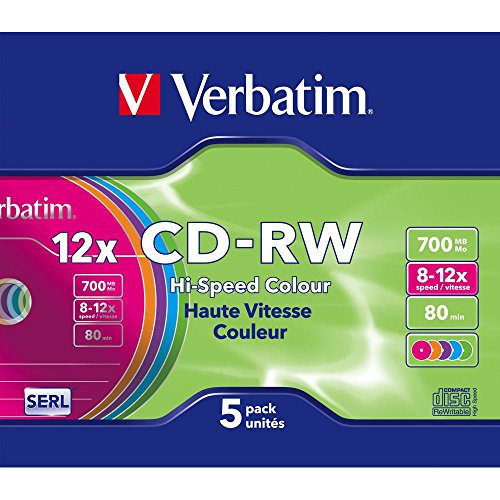 Verbatim CD-RW 700 MB, 5er Pack Slim Case bunt, CD Rohlinge beschreibbar, 52-fache Brenngeschwindigkeit mit langer Lebensdauer, leere CDs, Audio CD Rohling rewritable, CD leer