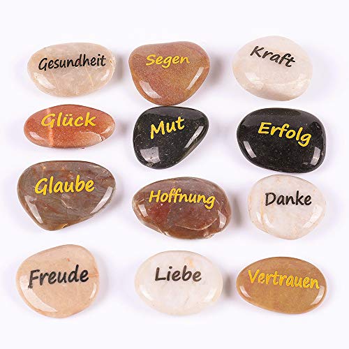 ROCKIMPACT 12 Stück Steine mit Spruch Glück Gravierte Steine Gravur Inspirierende Steine Glücksbringer Ermutigung Dankbarkeit Geschenk Glückssteine (Großhandel, 12 Verschiedene Sprüche, je 5-8 cm)