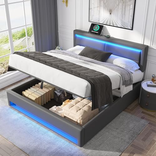 Polsterbett 140x200, Doppelbett mit USB-Anschluss (unterstützt kabelloses und kabelgebundenes Laden), Hydraulisch Stauraumbett Funktionsbett mit LED-Beleuchtung und Stauraum, PU, Grau, Ohne Matratze