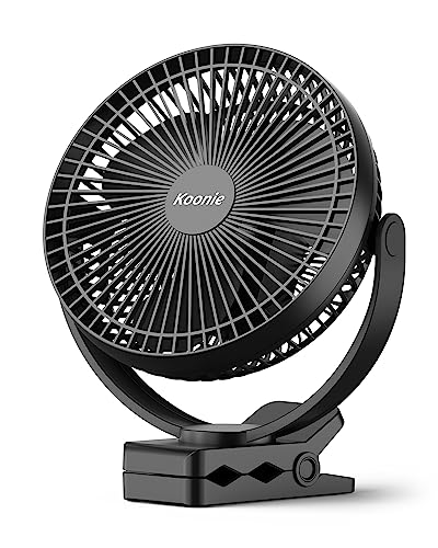 Koonie 20cm Tragbarer Clip-On-Ventilator, USB-Tischventilator mit 10.000 mAh Akku, 4 Geschwindigkeiten, Wiederaufladbarer Tischventilator für Zuhause, Büro, Kinderwagen, Camping (Schwarz)