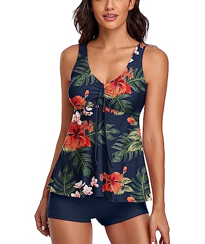 wihnsinop Tankini Damen Bauchweg Push Up Oberteil mit Badeshorts Bademode Set Badeanzug Zweiteiler Sommer Drucken Badeanzüge für Damen Strand Ferien Freizeit Navy L