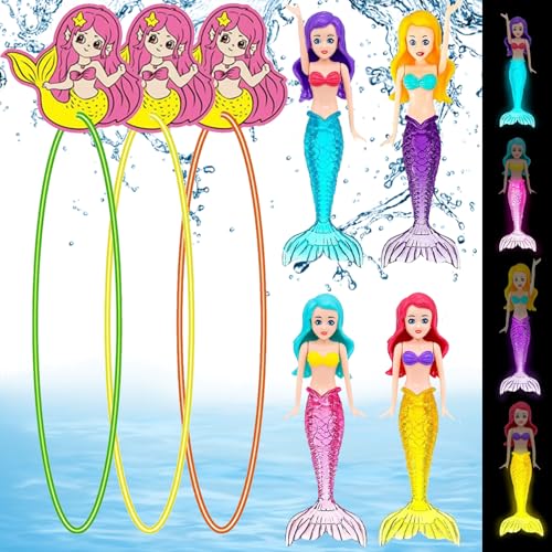 YOUYIKE Tauchringe für Kinder Mit 3 Tauchringen&4 Leuchtenden Meerjungfrauen Tauchspielzeug Meerjungfrauen Badewanne Schwimm Puppe für Wasser Pool, Sommer&Tauchtraining
