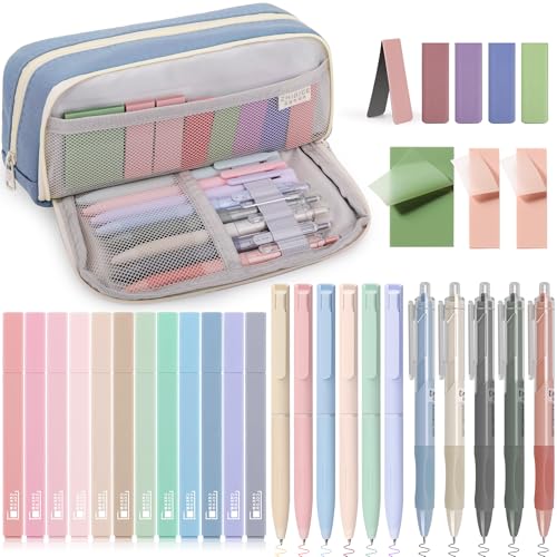 COZCLAM 32pcs Schulsachen Aesthetic mit Blau Mäppchen, 12 Textmarker Pastell, 6 Farbstifte, 5 Schwarze Stifte, 5 Magnetische Lesezeichen und 3 Haftnotizen für Schüler Schulbedarf