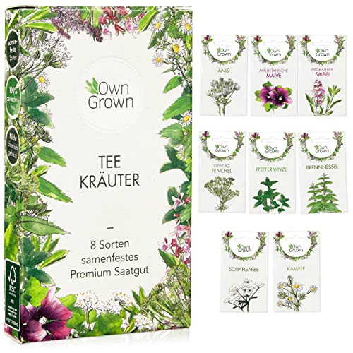 Tee Kräuter Samen Set: 8 Sorten Saatgut für Balkon und Garten – Pfefferminze, Kamille, Anis Samen, Brennnessel, Malve – Kräutersamen – Tee – Tee Box – OwnGrown Kräuter