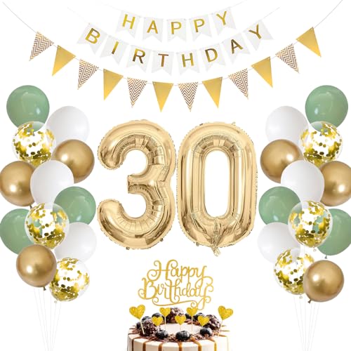 30.Geburtstag Deko Salbeigrüne, Luftballon 30. Geburtstag Männer Frau, Ballon 30. Geburtstag Grün Weiß Gold, Zahl 30 Folienballon, Geburtstag Tortendeko für 30 Geburtstag Dekoration
