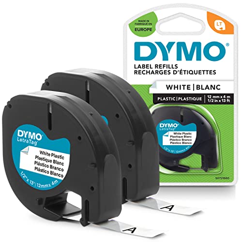 DYMO Original LetraTag Etikettenband | schwarz auf weiß | 12 mm x 4 m | selbstklebendes Kunststoff Schriftband| für LetraTag-Beschriftungsgerät | 2 Etikettenkassetten