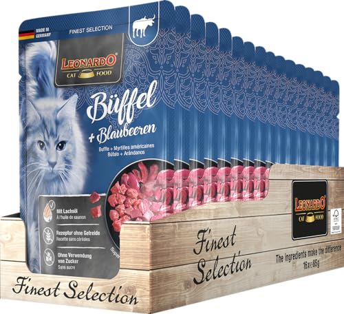 Leonardo Nassfutter im Frischebeutel [16x85g Büffel und Blaubeere] | Getreidefreies Nassfutter für Katzen | Alleinfutter im Einzelportionsbeutel