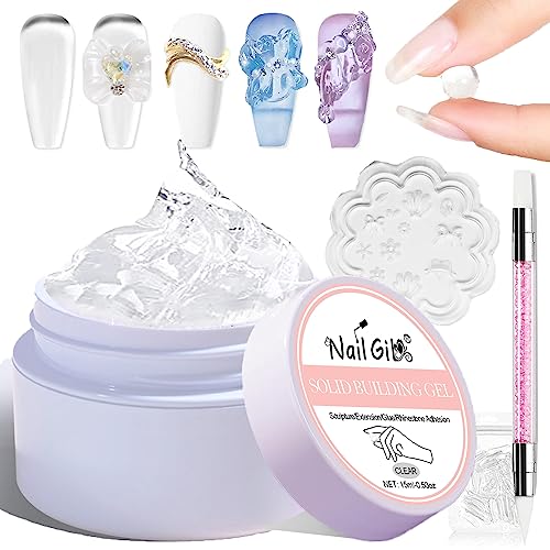 NAILGIL Solid Builder Gel- Fester Builder Gel für Nagellack, Solid Nail Glue Gel 3D Nagelskulptur Gel with Tool Set Salon DIY zu Hause, Rosa 15g