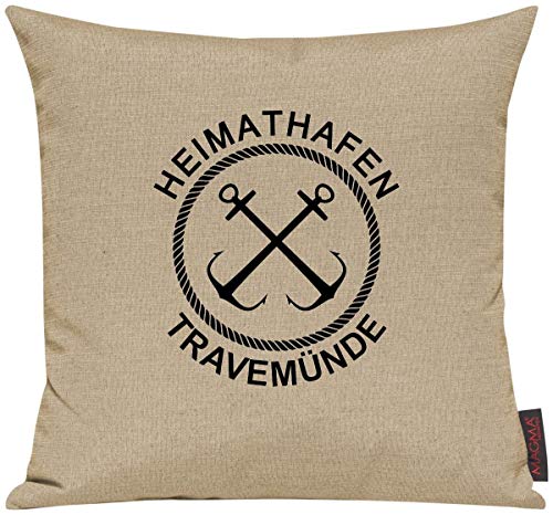 Shirtinstyle Sofakissen Heimathafen Travemünde, Kissen, Meer, Heimatort, Stadt, Urlaub, Größe 40 x 40cm, Farbe Beige
