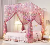 Mengersi Einhorn-Betthimmel für Mädchen, Bettvorhang mit Lichtern, Netz, Prinzessinnen-Himmel für Mädchenzimmer, für Twinsize-Bett