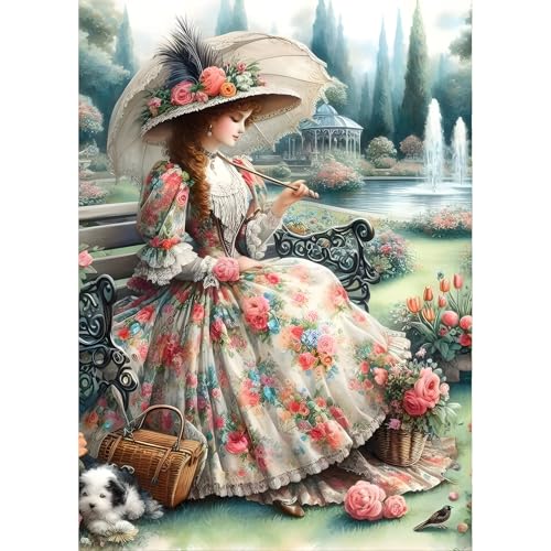 QINRUBB DIY Dame Diamond Painting Erwachsene, 5D Jahrgang Diamant Painting Bilder Anfänger, Garten Runder Vollbohrer Diamanten Malerei Stickerei Kreuzstich Geschenke Home Wand Dekor 30x40cm