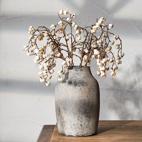 PORCER Rustikale Bauernhaus-Blumenvase aus Keramik, 18 cm, Boho-Vase für Heimdekoration, Terrakotta-Vase für Wohnzimmer, Tisch, Regal, Kamindekoration, Bauernhaus, Grau