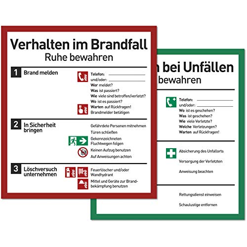 Verhalten im Brandfall und bei Unfällen (Schilder Set - 18x20cm) - Plakat für Büro und Betrieb nach ISO 7010 - Erste Hilfe Schild für Brand und Unfall - Aushang Notfallplan für Brandschutz