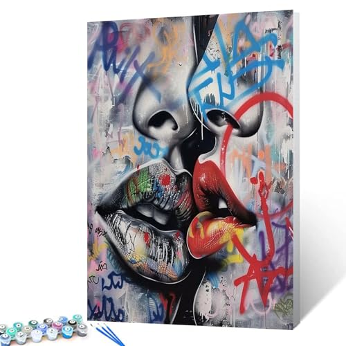 Tucocoo Ölgemälde nach Zahlen zum Selbermachen, Motiv: Paar, küssendes Graffiti, für Erwachsene, Wanddekoration, Geschenk, 40,6 x 50,8 cm
