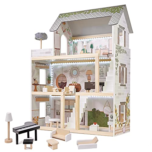 XXL Puppenhaus aus Holz mit LED Beleuchtung | Große Puppenstube mit Möbeln und Zubhör | 3 Etagen + Balkon | Spielset für Kinder Mädchen Jungs | Traumhaus für Puppen | Großes Dollhouse Kit Set