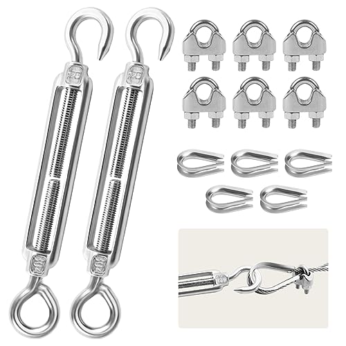 Drahtspanner Edelstahl,2 Stück Spannschlösser M6,5 Stück Drahtseil Kauschen,6 Stück Seilklemmen,Verstellbare Spannschlösser Seilspanner mit Haken Öse,für Seil,Sonnensegel,Gartendraht,Zaunspanner