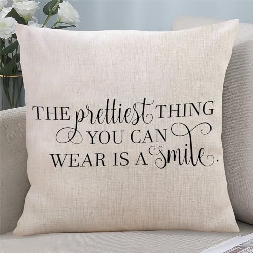 Yelolyio Dekorativer Kissenbezug mit Zitat "The Prettiest Thing You Can Wear Is A Smile", für Schlafzimmer, Wohnzimmer, Sofa, Couch, Heimdekoration, 50,8 x 50,8 cm