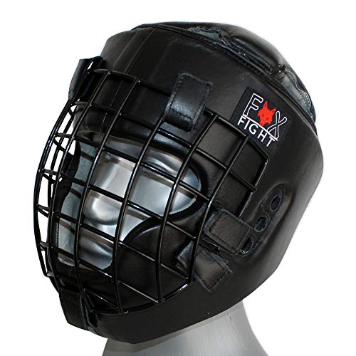 FOX-FIGHT Kopfschutz mit Metallgitterfront für Gesichtsschutz. Headguard aus echtem Leder mit Kopfdeckel. Boxhelm für Kampfsport, MMA, Boxen, Kickboxen & Sparring (schwarz, L/XL)