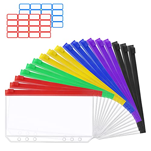 Vicloon A6 Binder Taschen, 18 Stück 6 Löcher Binder Taschen,mit 2 Aufkleber Beschriften, Wasserdicht Budget Binder, Reißverschluss Loseblatt Ordner, für Notizbücher Dokumente Ringordner (6 Farben)